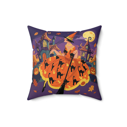 🐈‍⬛🎃 The Black Cat Witch Of Pumpkin Manor Square Pillow – Whimsical Halloween Charm
