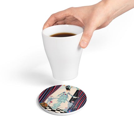 🌹🎭 The Lady Between The Curtains Ceramic Coaster – Art Deco Floral Theatre