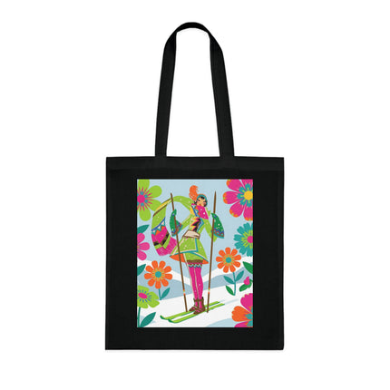 🎿🌸 The Winter Flower Adventurer Cotton Tote Bag – Colorful Skiing Fantasy