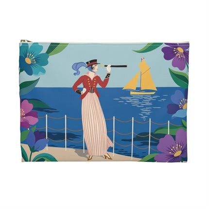 🌊🔭 The Lady Of The Seaside Lookout Accessory Pouch – Art Deco Nautical Adventure