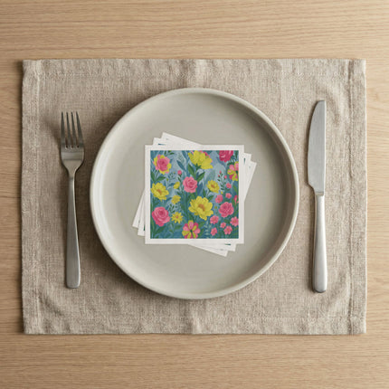 🌸🌼 The Pink Rose And Golden Blossom Garden Napkins – Whimsical Botanical Floral Art