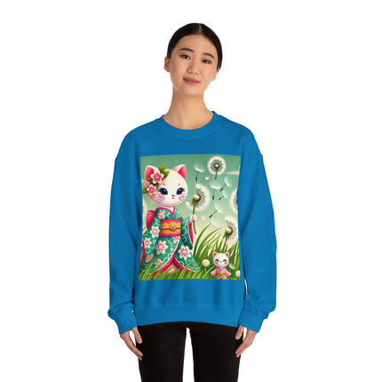Geisha Kitten and the Dandelion Wish Heavy Blend™ Crewneck Sweatshirt