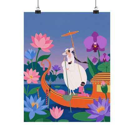 🪷🛶 The Lady Of The Lotus Lake Matte Vertical Poster – Art Deco Botanical Fantasy