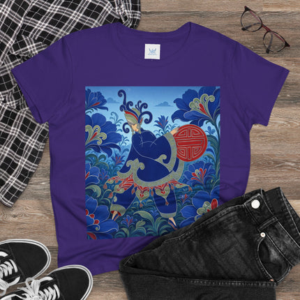 💙🌺 The Imperial Blue Garden Cotton Tee – Art Deco Oriental Elegance