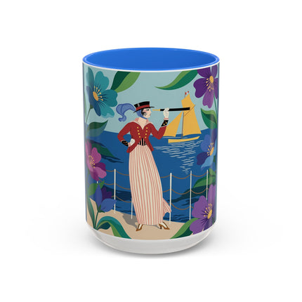 The Lady Of The Golden Horizon Colorful Mugs – Art Deco Coastal Elegance