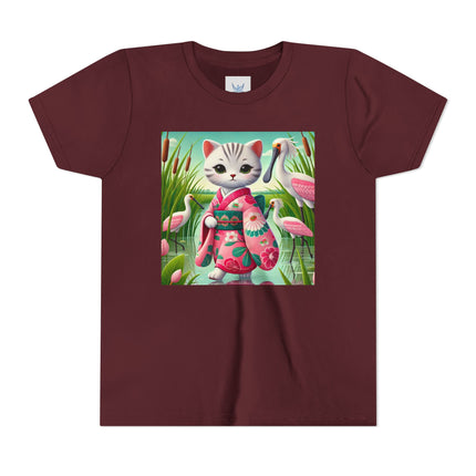 Geisha Kitten Strolls Among the Spoonbills Youth Short Sleeve Tee