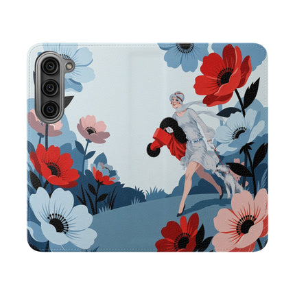 🌺🐕 The Lady Of The Flower Walk Flip Case – Art Deco Garden Stroll