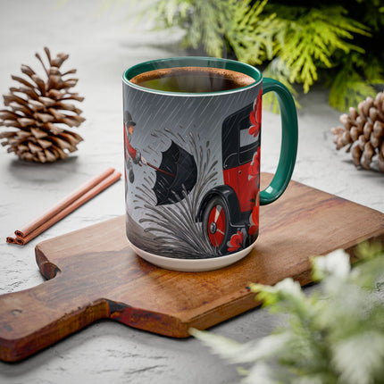☔🌹 The Scarlet Rainstorm Promenade Colorful Mug – Art Deco Motoring Elegance