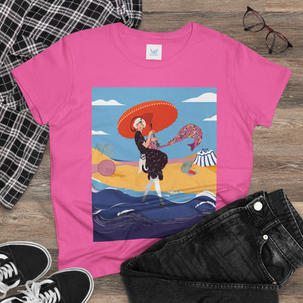 Beachside Promenade Women's Midweight Cotton Tee – Summer Glamour & Coastal Joy