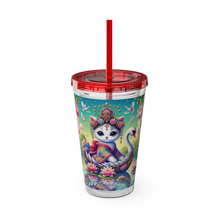 Geisha Kitten’s River Voyage Sunsplash Tumbler with Straw, 16oz