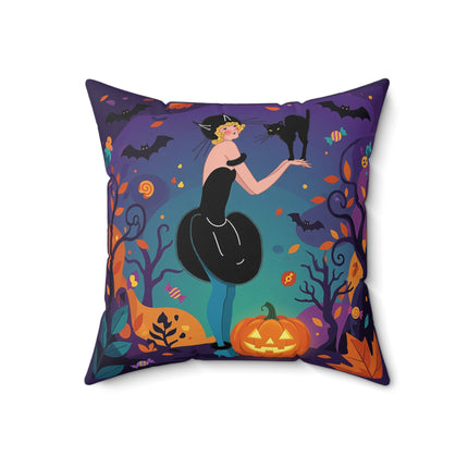 🐈‍⬛🎃 The Midnight Black Cat Masquerade Square Pillow – Whimsical Halloween Elegance