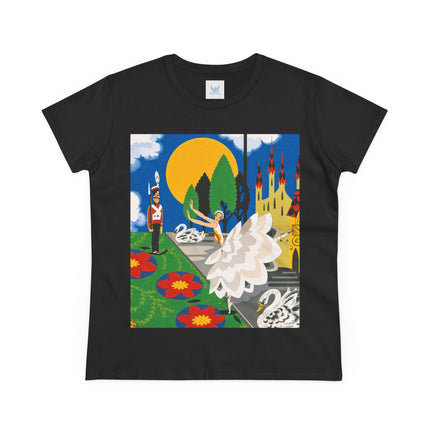 🦢🏰 The Enchanted Swan Ballet Cotton Tee – Art Deco Fairytale Whimsy
