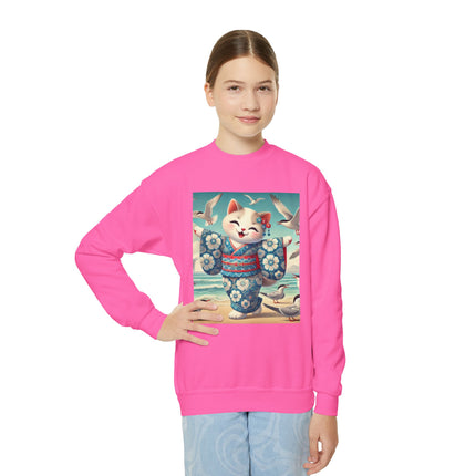 Geisha Kitten by the Seaside Youth Crewneck Sweatshirt – Coastal Charm, Joy & Whimsical Elegance