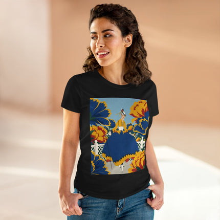 💙🌼 The Golden Petal Promenade Cotton Tee – Art Deco Floral Elegance
