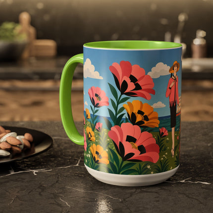 🌸⛵ The Seaside Blossom Promenade Colorful Mug – Art Deco Coastal Elegance