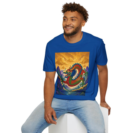 🐉🌄 The Golden Sky Dragon Softstyle T-Shirt – Mystical Mountain Fantasy