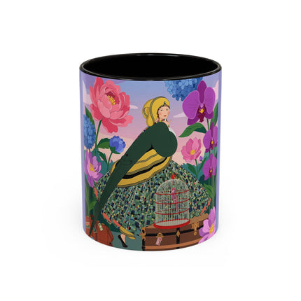 The Lady And The Crimson Birdcage Colorful Mugs – Art Deco Tropical Garden Elegance