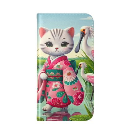 🦩🌸 Geisha Kitten Strolls Among the Spoonbills Flip Case – Serene Grace & Marshland Wonder