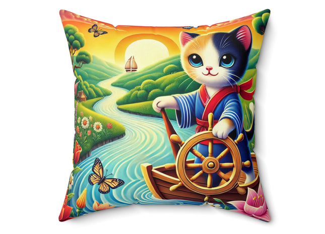 Sailor Kitten’s River Adventure Spun Polyester Square Pillow