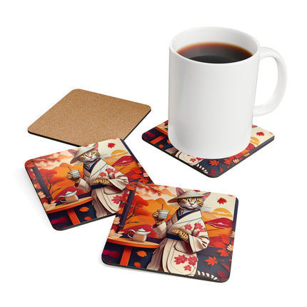 Bengal Cat at a Cozy Autumn Café Corkwood Coaster Set