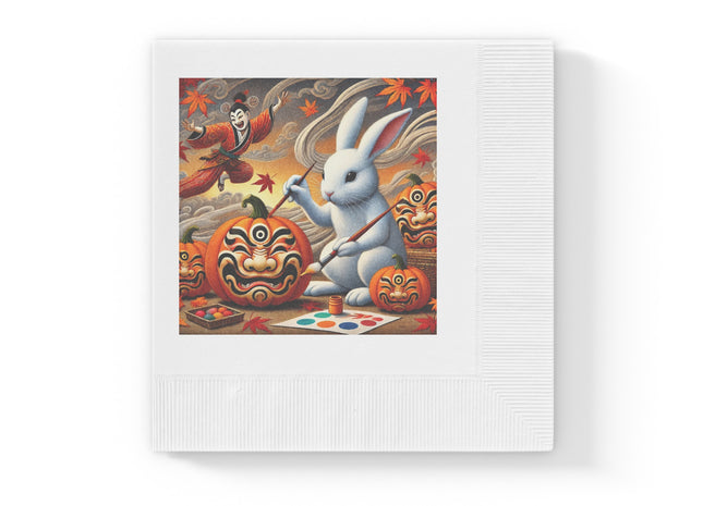 Halloween Rabbit’s Kabuki Jack-o’-Lanterns White Coined Napkins
