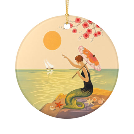 🧜‍♀️☂️ The Mermaid With The Parasol Ceramic Ornament – Art Deco Seaside Fantasy