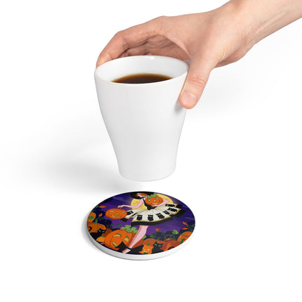 🐈‍⬛🎃 The Black Cat Pumpkin Belle Ceramic Coaster – Vintage Halloween Charm