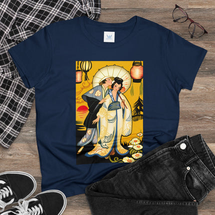 Golden Embrace: A Serene Moment of Love Women's Midweight Cotton Tee