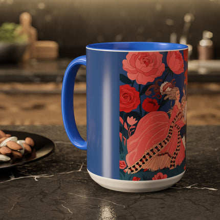 The Lady And The Scarlet Macaw Colorful Mugs – Art Deco Floral Elegance