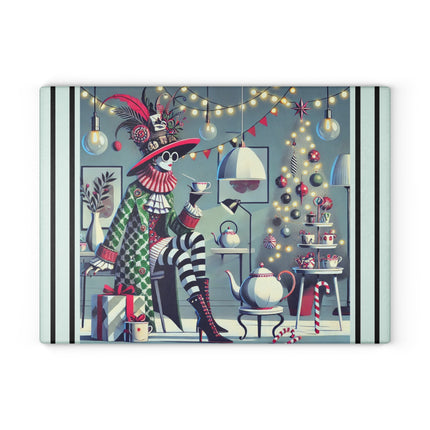 Whimsical Christmas Tea Party Glass Cutting Board