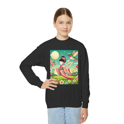 Geisha Fairy and the Hummingbird Blossom Youth Crewneck Sweatshirt – Magic, Grace & Dreamlike Beauty