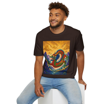 🐉🌄 The Golden Sky Dragon Softstyle T-Shirt – Mystical Mountain Fantasy