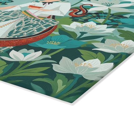 🐉🌿 The Lady And The Crimson Dragon Glass Cutting Board – Art Deco Garden Fantasy