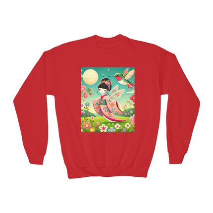 Geisha Fairy and the Hummingbird Blossom Youth Crewneck Sweatshirt – Magic, Grace & Dreamlike Beauty