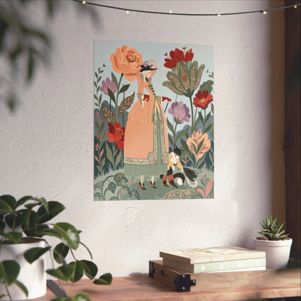 🌸🐈 The Lady And Puss In Boots Grand Floral Promenade Matte Vertical Poster – Art Deco Fashion Whimsy