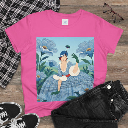 💙🌼 The Blue Blossom Garden Belle Cotton Tee – Art Deco Floral Whimsy
