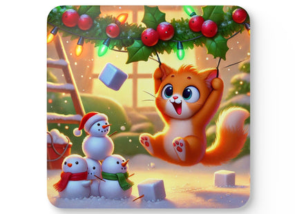Naughty or Nice Kitten Christmas Corkwood Coaster Set