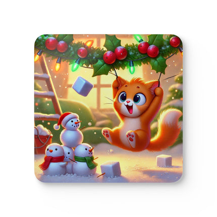 Naughty or Nice Kitten Christmas Corkwood Coaster Set