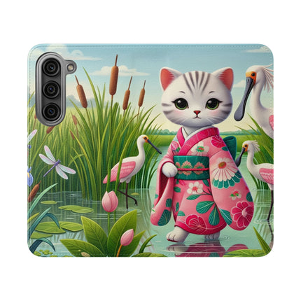 🦩🌸 Geisha Kitten Strolls Among the Spoonbills Flip Case – Serene Grace & Marshland Wonder