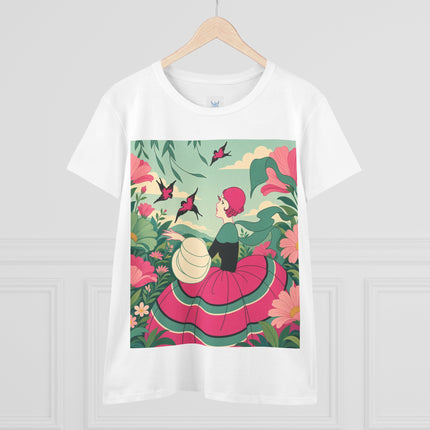 🐦🌺 The Garden Of Flying Birds Cotton Tee – Art Deco Floral Whimsy