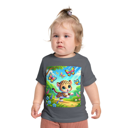 Butterfly Chase Leopard Cub Baby T-Shirt – Playful Adventure & Sunny Meadow Dreams