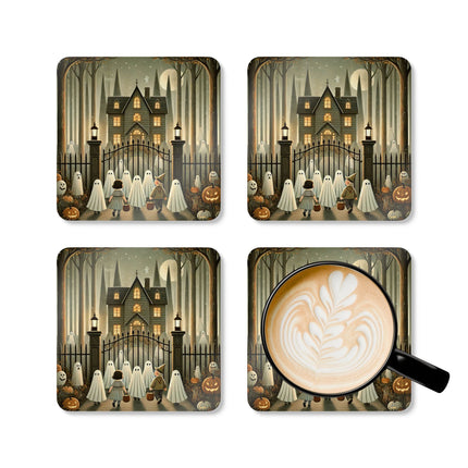 Ghostly Welcome – A Halloween Night Corkwood Coaster Set