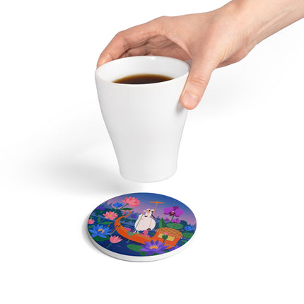 🪷🛶 The Lady Of The Lotus Lake Ceramic Coaster – Art Deco Garden Voyage