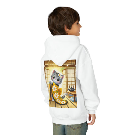Playful Kitten in the Tea Room Youth Hooded Sweatshirt – Curiosity, Charm & Cozy Comfort