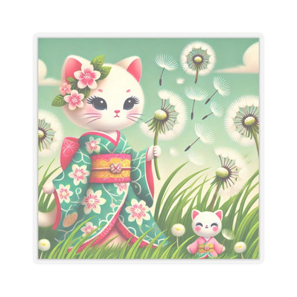 🌾🌼 Geisha Kitten and the Dandelion Wish Kiss-Cut Sticker – Gentle Wishes & Quiet Wonder