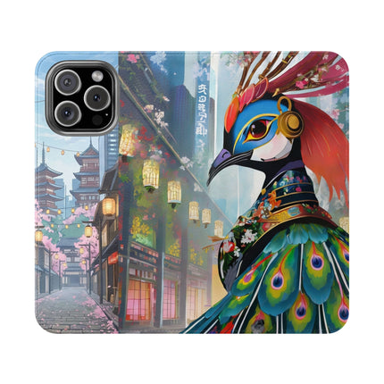 🦚🌸 Techno Plumes Peacock Flip Case – Neon Elegance & Sakura Dreams