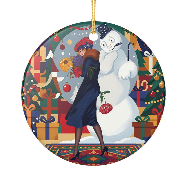 ☃️🎄 The Snowman's Christmas Companion Ceramic Ornament – Art Deco Holiday Fantasy