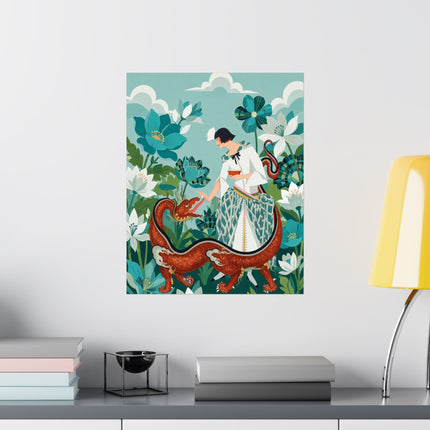 🐉🌿 The Lady Of The Enchanted Dragon Matte Vertical Poster – Art Deco Botanical Whimsy