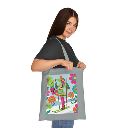 🎿🌸 The Winter Flower Adventurer Cotton Tote Bag – Colorful Skiing Fantasy