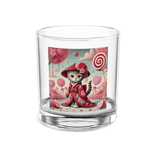 Whimsical Geisha Kitten in a Valentine Garden Rocks Glass, 10oz